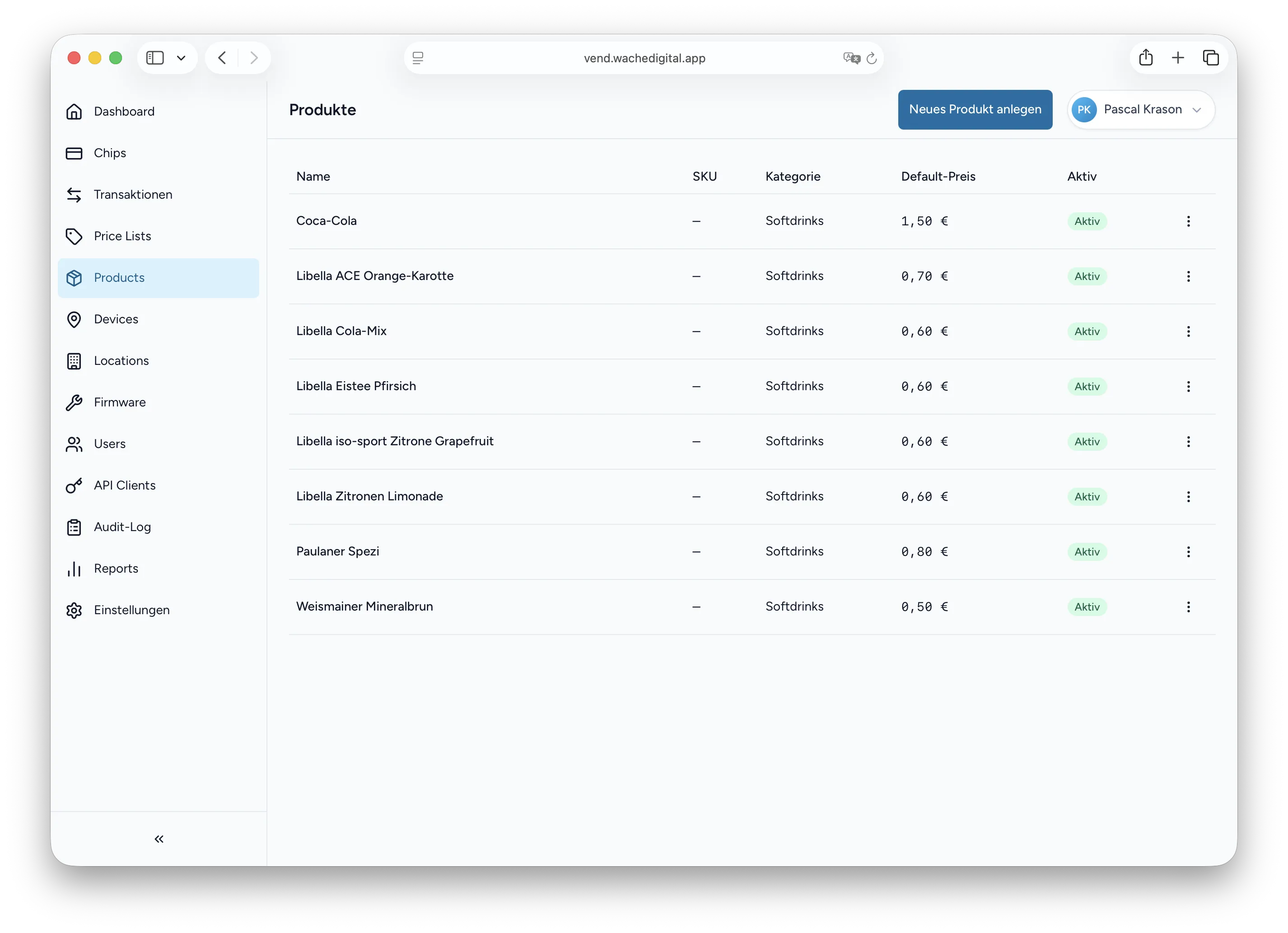 Product catalogue with prices, categories, and slot-to-product mapping