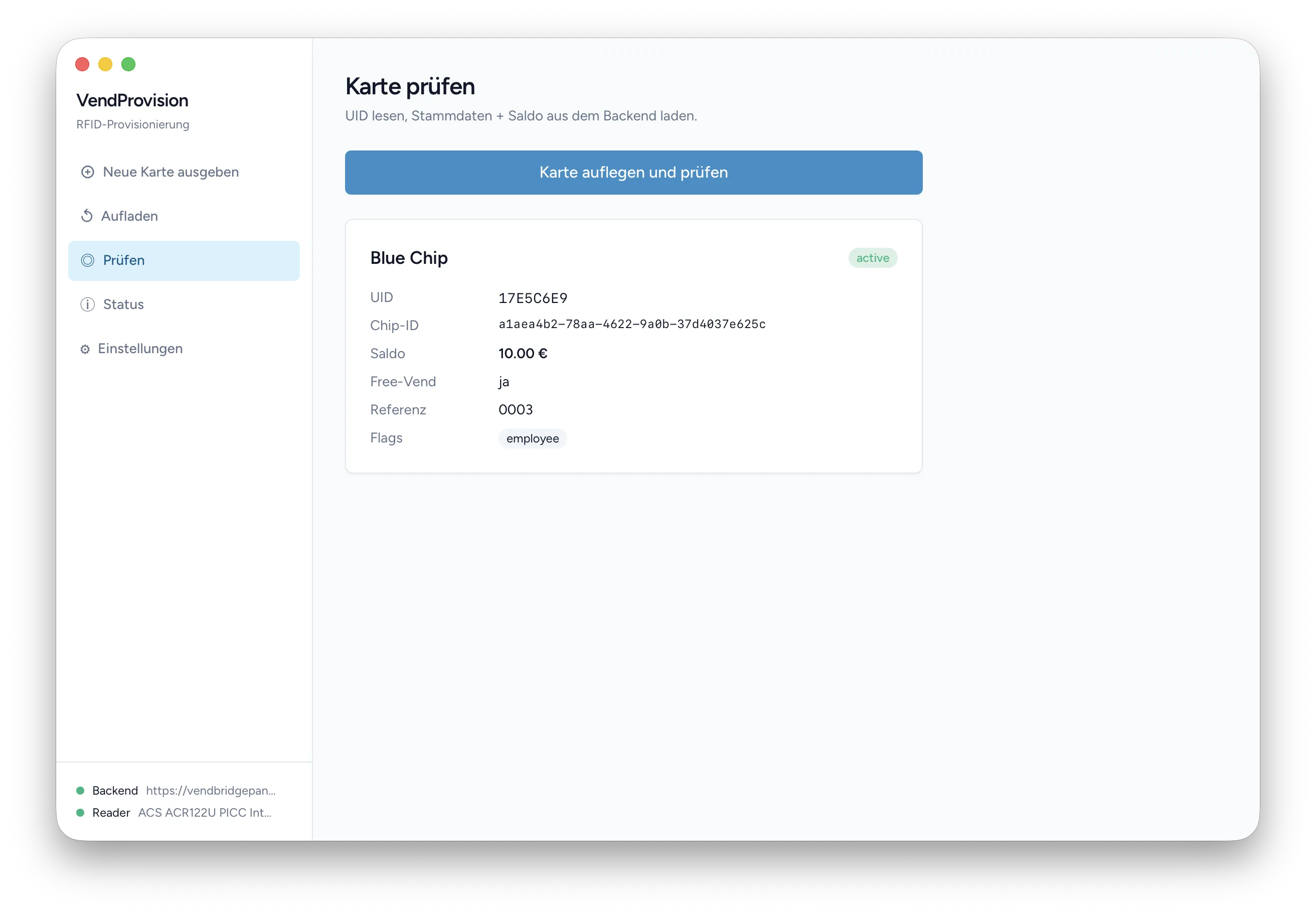 Inspect view showing chip metadata and status badge