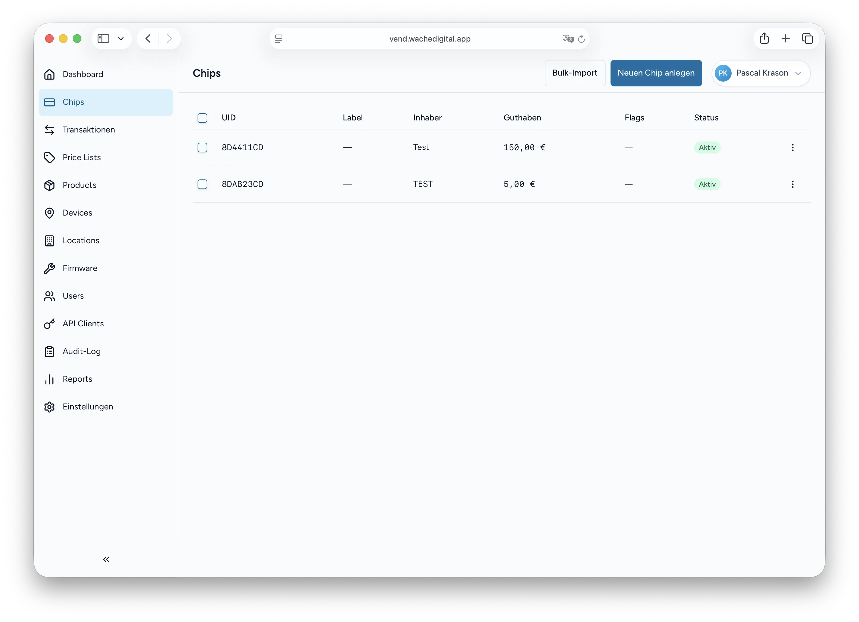 Chip management with status flags and bulk actions