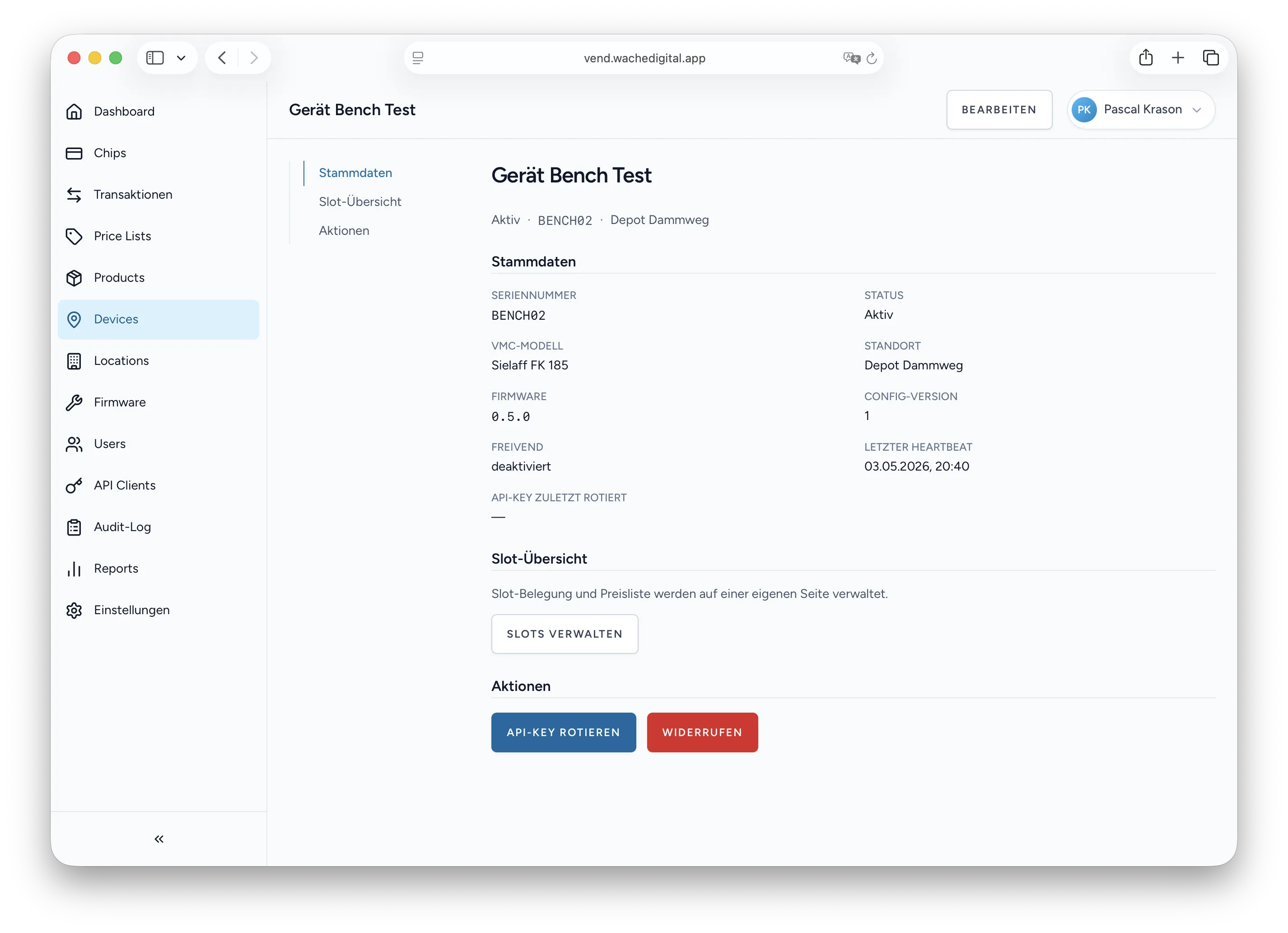 Device fleet overview with status, configuration, and OTA firmware deployment
