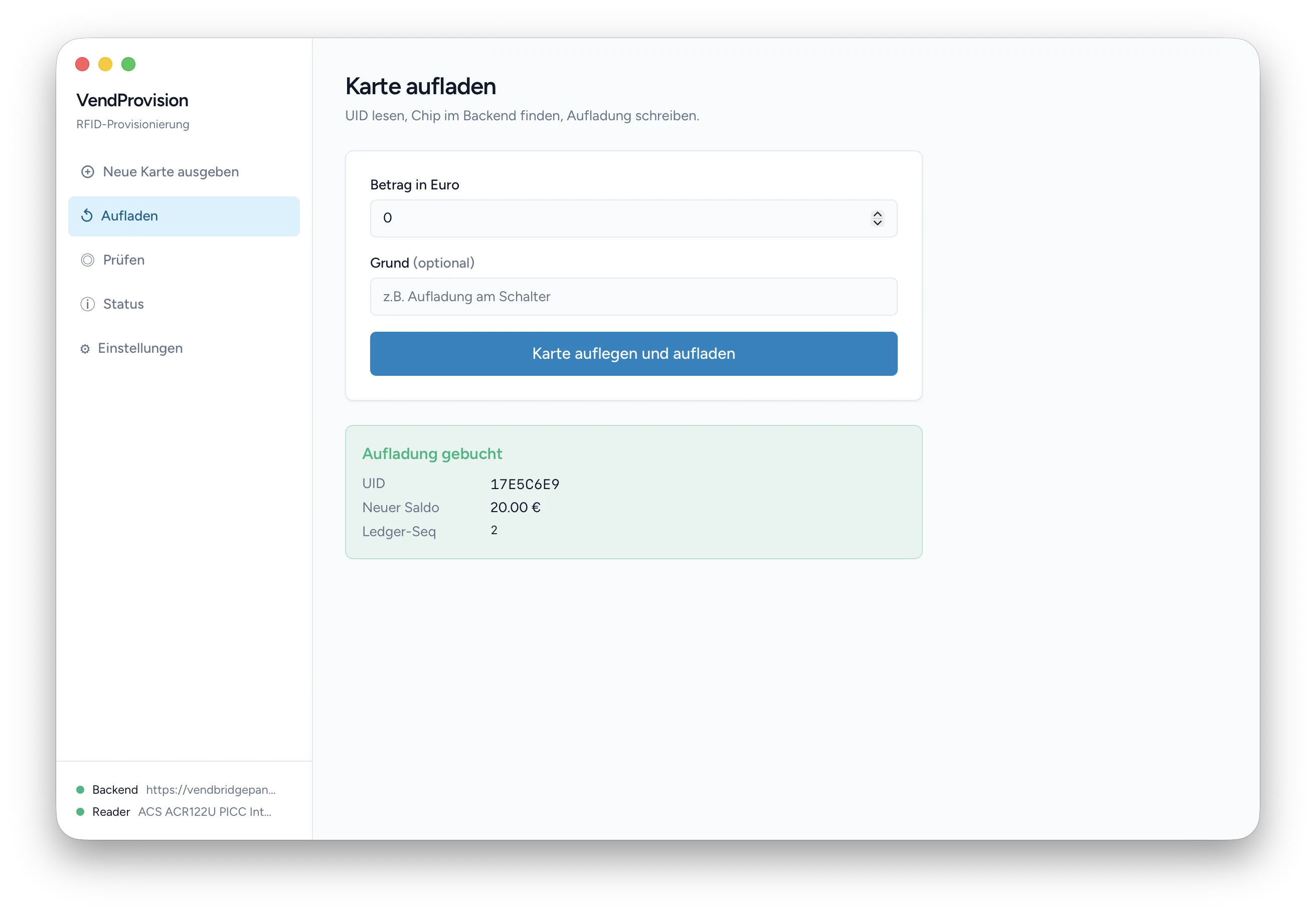 Top-up confirmation showing new balance and ledger sequence